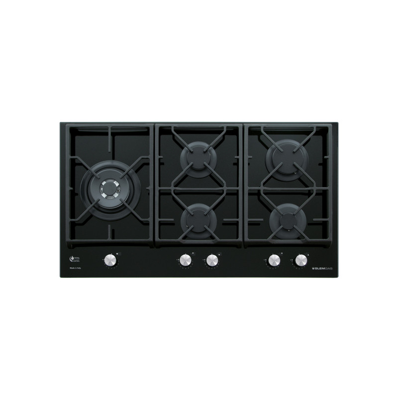 GLEM GAS GV95TXBK Piano cottura da incasso 90cm 5 fuochi gas 1 rapido - Vetro nero Promozione Limitata